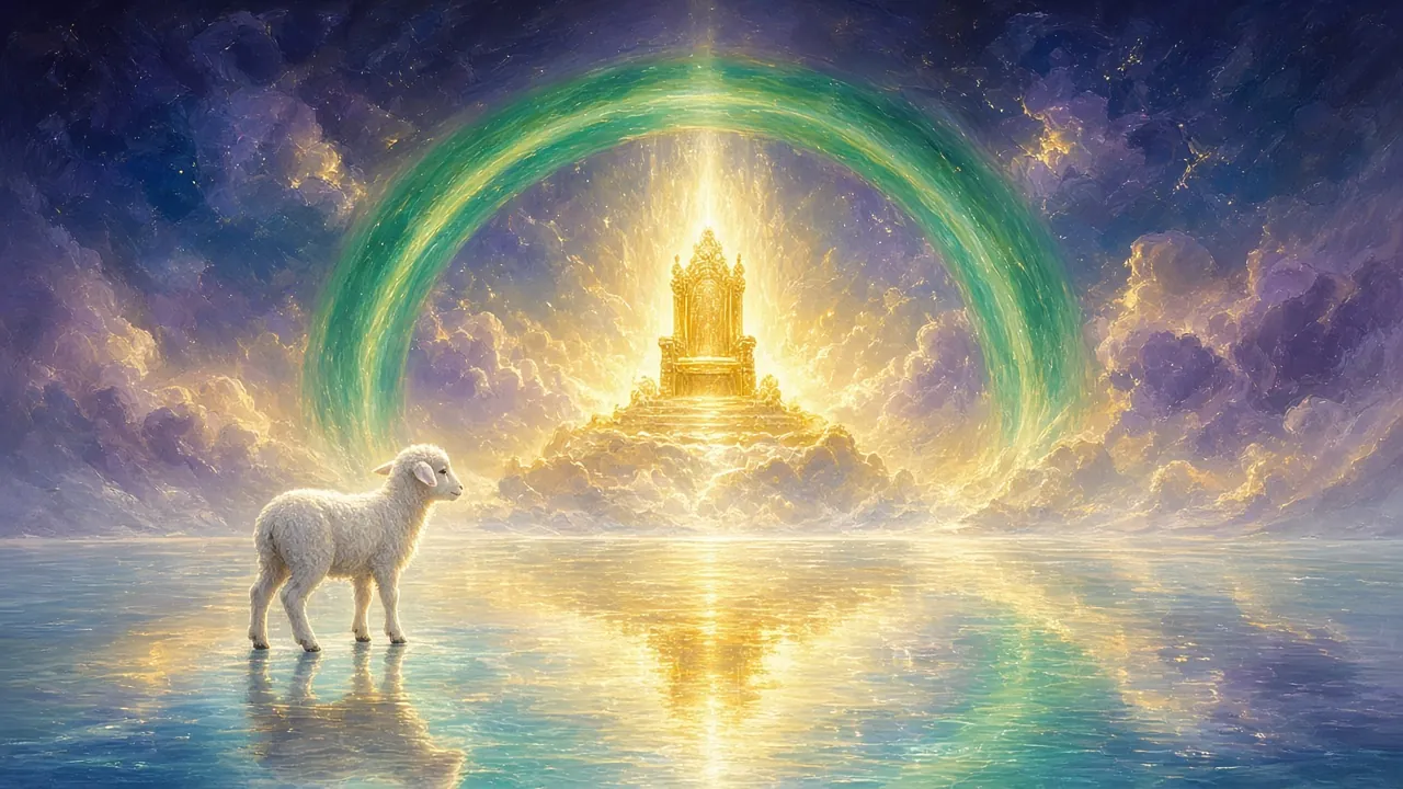 A white lamb before a radiant golden throne encircled by an emerald rainbow