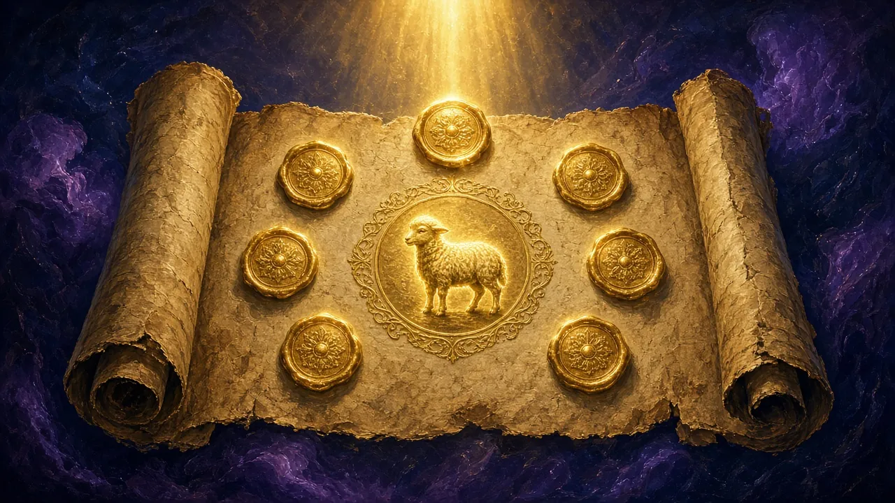 An ancient scroll sealed with seven seals, one of them opened, in warm candlelight