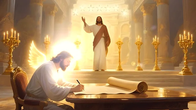 Rev 2:1 illustration: John at a desk writing on a scroll, Jesus standing among golden lampstands