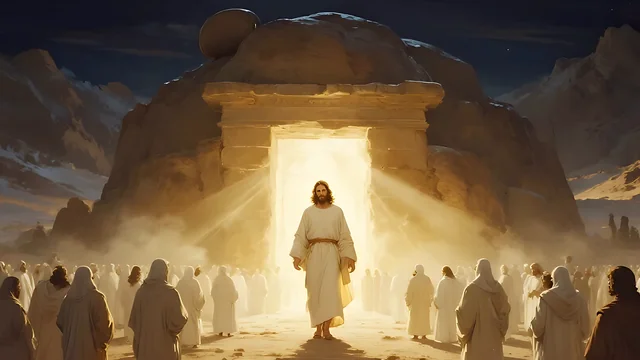 Rev 2:11 illustration: Jesus leaving the tomb with a crowd of white-robed followers