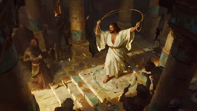 Rev 2:6 illustration: Jesus with a whip of cords overturning a temple