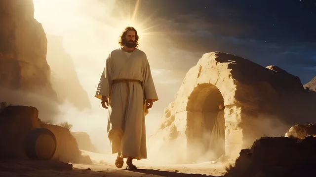 Rev 2:8 illustration: Jesus walking out of the open tomb in light