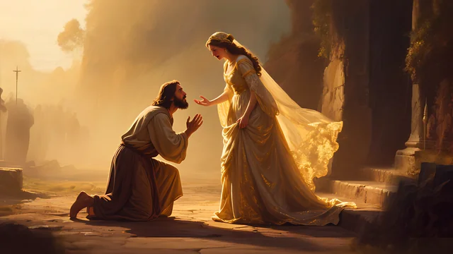 Rev 2:4 illustration: A man kneeling before a radiant bride