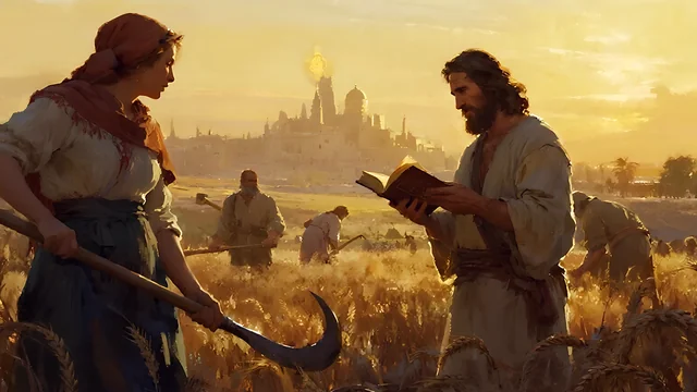 Rev 2:3 illustration: Labourers in a wheat harvest, a woman with a sickle, a man with a book