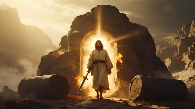 Rev 2:12 illustration: Jesus stepping out of the tomb holding a sword