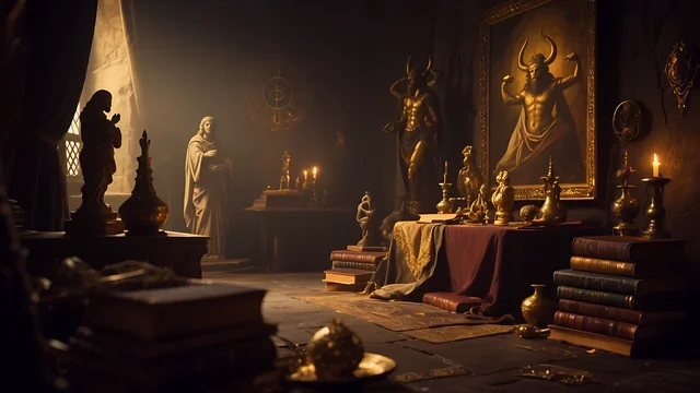 Rev 2:15 illustration: A dark room full of idols with a horned Baal painting