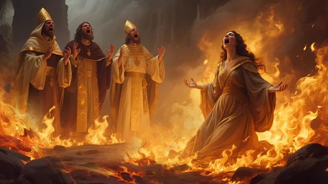 Rev 2:22 illustration: Robed priests and a woman crying out amid flames