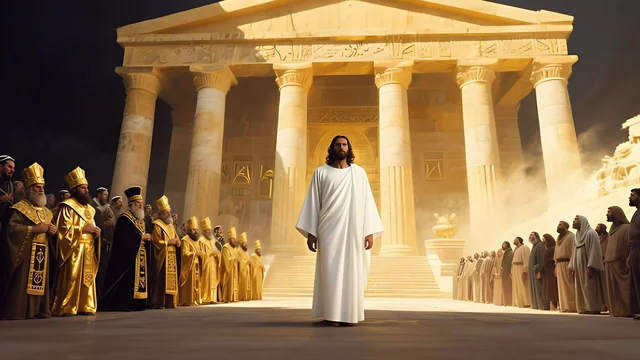 Rev 2:2 illustration: Jesus in white before rows of robed priests at a temple