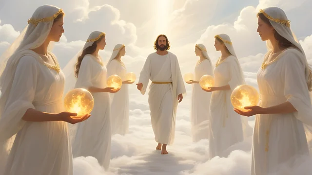 Rev 2:1 illustration: Jesus walking in light among white-robed women holding glowing lights