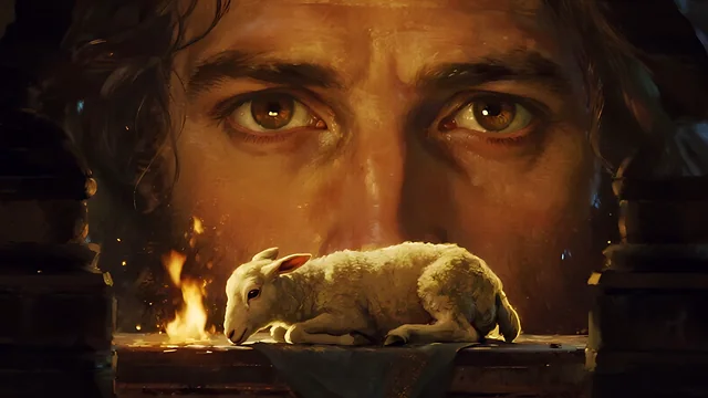 Rev 2:18 illustration: Jesus' eyes above a lamb on a burning altar