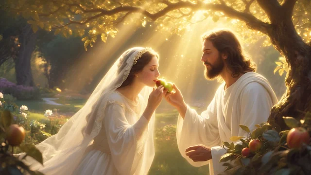 Rev 2:7 illustration: Jesus giving a bride fruit beneath a tree in a garden