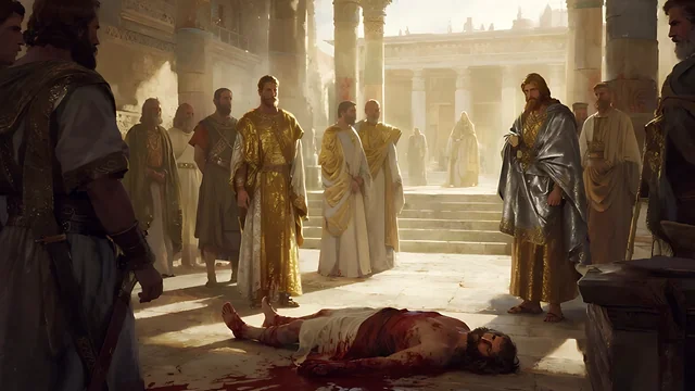 Rev 2:13 illustration: A slain, blood-covered man on a temple floor before priests and a soldier