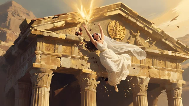 Rev 2:5 illustration: A bride falling from a crumbling temple
