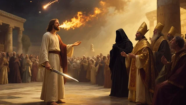 Rev 2:16 illustration: Jesus with a sword, fire from His mouth, before clergy and a dark figure
