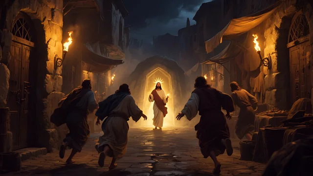 Rev 2:10 illustration: Disciples running at night toward Jesus standing in a lit doorway