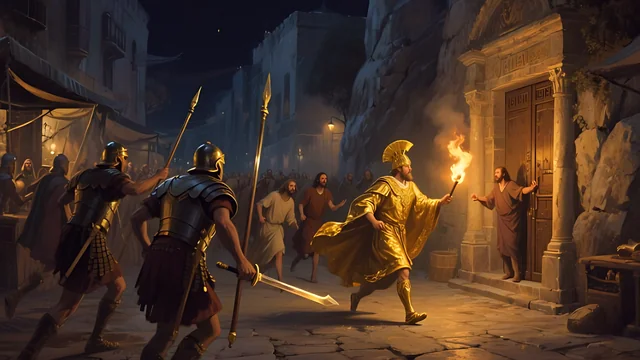 Rev 2:10 illustration: Roman soldiers and a golden-robed priest with a torch chasing believers