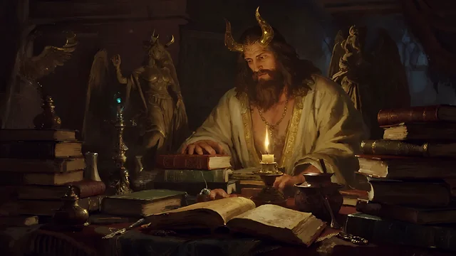 Rev 2:24 illustration: A horned man reading among stacks of books and idols