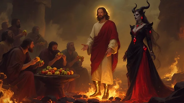 Rev 2:20 illustration: Jesus with eyes like a flame of fire and feet like fine bronze, walking in the atonement fire, judging Jezebel (horned woman); people eating things sacrificed to idols. Eyes repainted to natural, calm dark eyes at the artist's request (local pixel edit, no AI repaint)