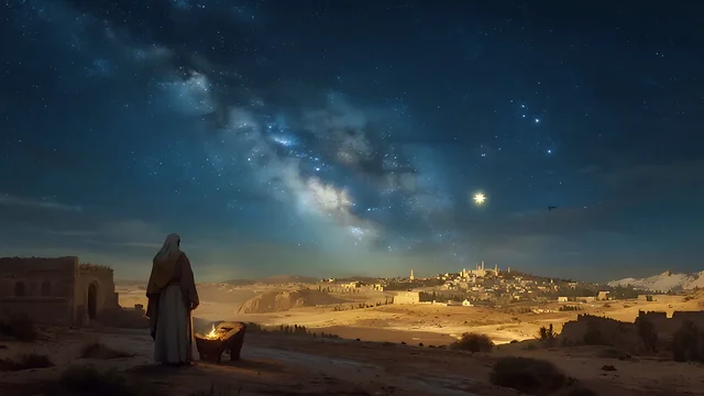 Rev 2:28 illustration: A lone figure under a starry sky with a bright star over a town