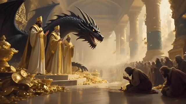 Rev 2:9 illustration: Golden-robed priests with a black dragon and piles of gold, people bowing