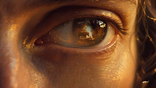 Rev 2:18 illustration: Close-up of an eye reflecting a scene of fire