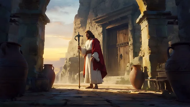 Rev 2:27 illustration: Jesus in a doorway holding a shepherd's staff
