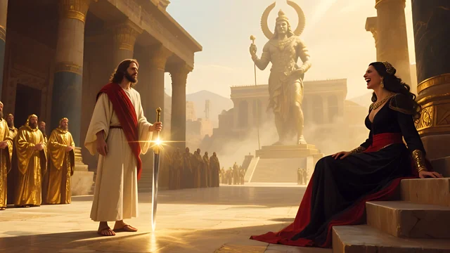 Rev 2:14 illustration: Jesus with a sword facing a woman in red and black on temple steps, idol statue behind