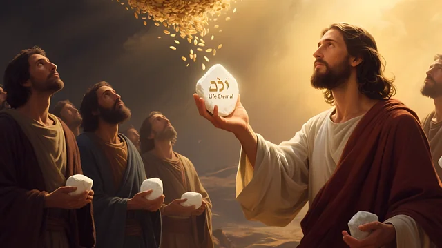 Rev 2:17 illustration: Jesus handing out white stones inscribed 'Life Eternal', manna falling