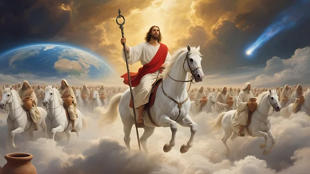 Rev 2:26 illustration: Jesus on a white horse leading riders through clouds above the earth