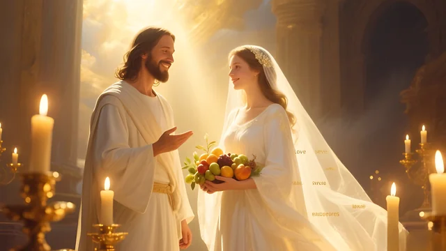 Rev 2:19 illustration: Jesus and a bride holding a basket of fruit