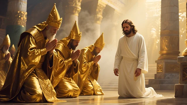Rev 2:21 illustration: Golden-robed priests kneeling before Jesus