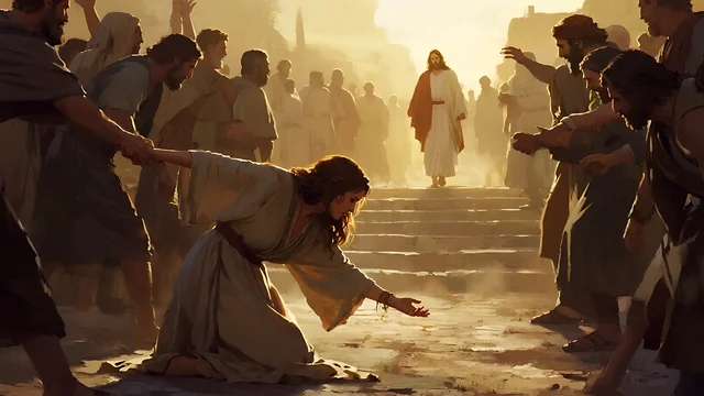 Rev 2:25 illustration: A woman reaching toward Jesus while others pull her back