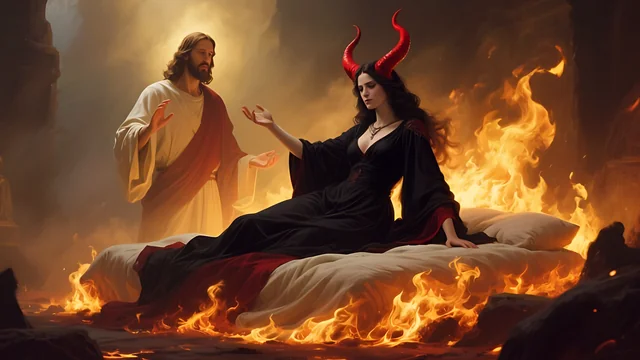 Rev 2:22 illustration: Jesus beside a horned woman on a bed engulfed in fire