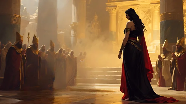 Rev 2:21 illustration: A woman in black and red walking away from a crowd of priests