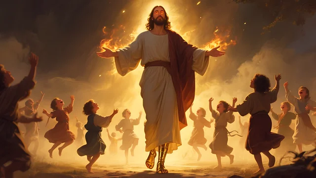 Rev 2:23 illustration: Jesus with flame-lit hands, children dancing around Him