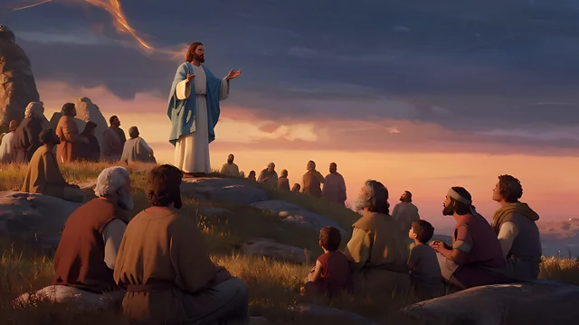 Rev 2:29 illustration: Jesus teaching a listening crowd on a hillside at dusk