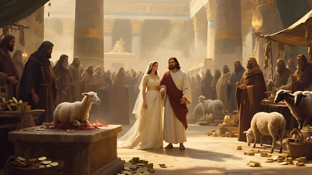 Rev 3:2 illustration: Jesus and a bride walking through a temple market of sacrifices and coins