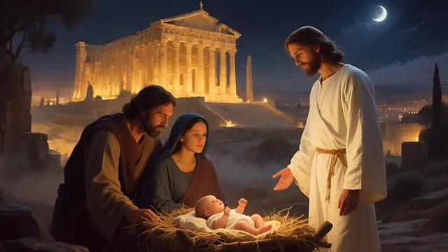 Rev 3:3 illustration: Jesus beside Mary, Joseph and the newborn in the manger at night, temple behind