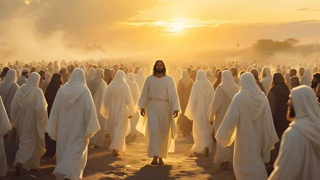 Rev 3:4 illustration: Jesus walking with a crowd of white-robed people at sunrise