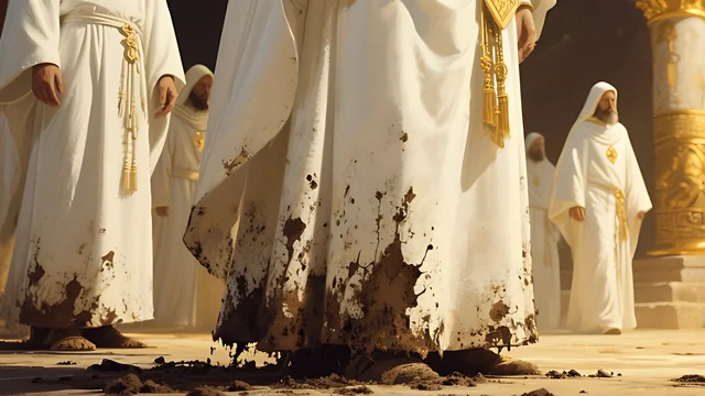 Rev 3:4 illustration: Close-up of white robes, one hem spattered with mud
