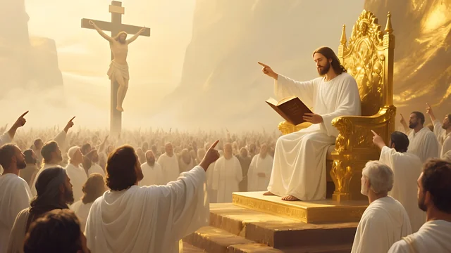 Rev 3:5 illustration: Jesus on a throne with an open book, the cross behind, crowds pointing