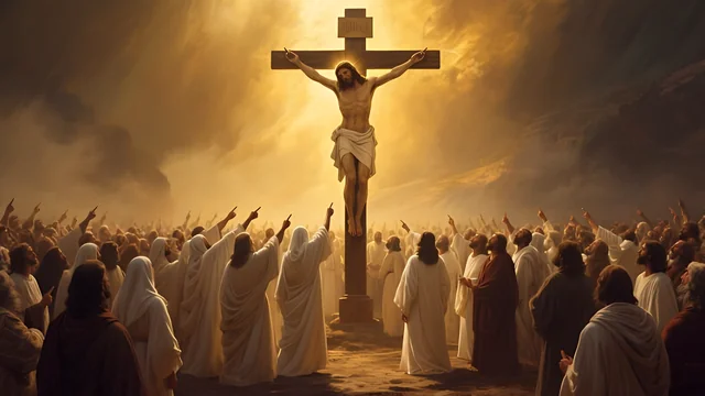 Rev 3:5 illustration: A crowd pointing toward Jesus on the cross