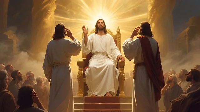 Rev 3:6 illustration: Jesus enthroned in light, two men cupping their ears