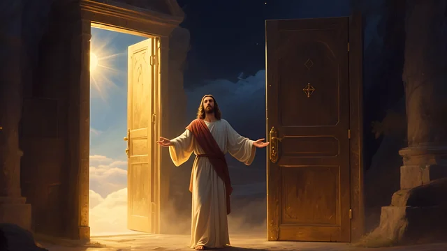Rev 3:7 illustration: Jesus between two great doors opening onto light