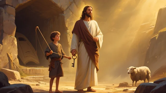 Rev 3:7 illustration: Jesus with a key beside a boy and a lamb near an empty tomb