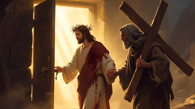 Rev 3:8 illustration: Jesus with crown of thorns opening a door to a man carrying a cross