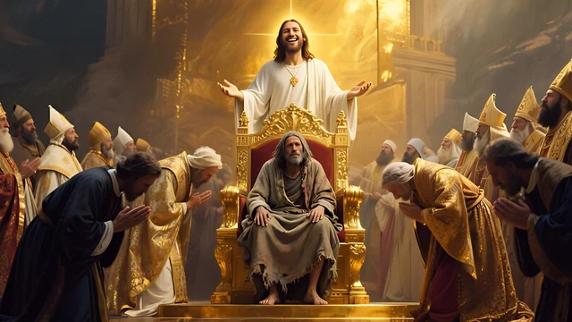 Rev 3:9 illustration: Robed clergy bowing before a humble man on a throne, Jesus above