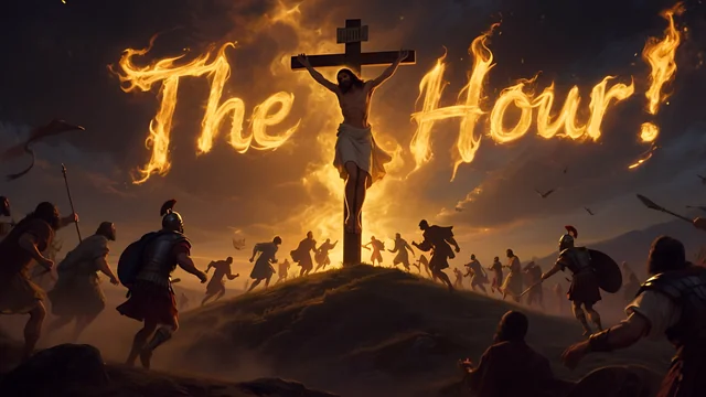Rev 3:10 illustration: The cross on a hill with the words 'The Hour!' in fire, soldiers fleeing
