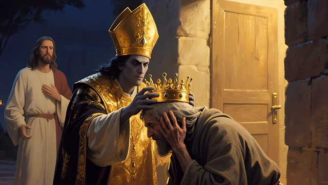 Rev 3:11 illustration: A gaunt bishop placing a crown on a kneeling man, Jesus watching