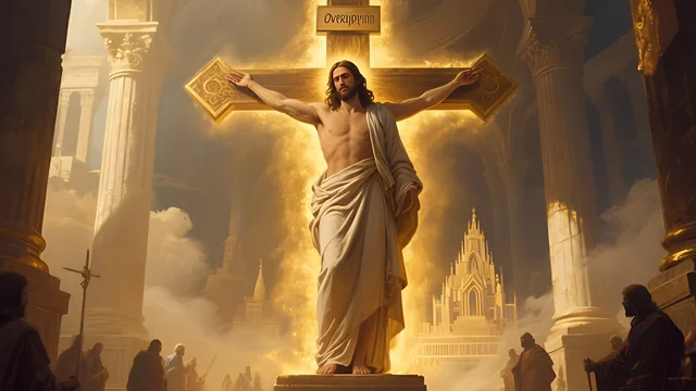 Rev 3:12 illustration: Jesus on a golden cross in a temple of pillars, the New Jerusalem behind